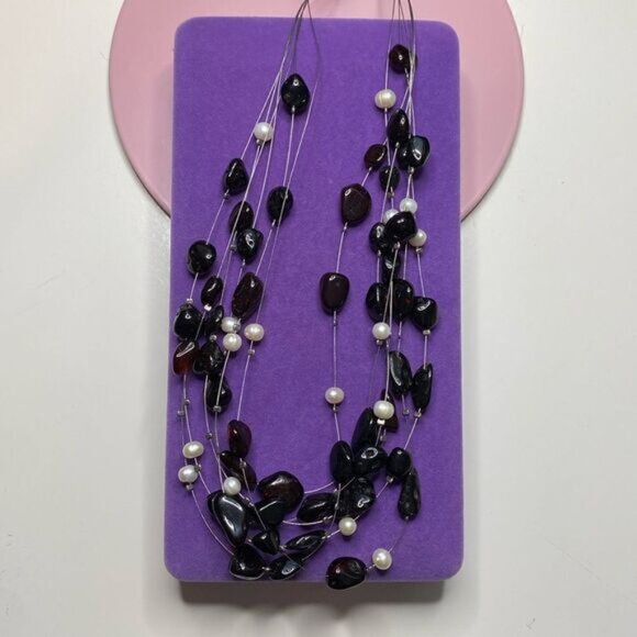 Classic Sterling Silver Multi Strand Garnet Pearl Illusion Necklace - Picture 2 of 4